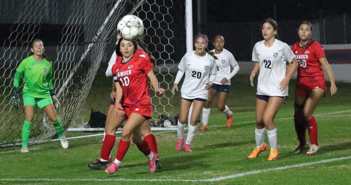 Sanger High senior midfielder Andrea Alverenga goes for the ball during a 2-1 non-conference win over Clovis East at Tom Flores Stadium on Dec. 14, 2023.