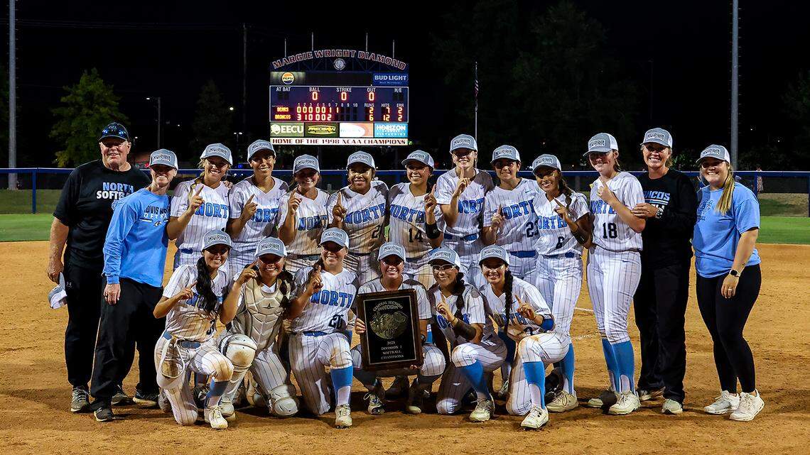 Clovis North poses after winning a Central Section Division I title over Buchanan on Saturday, May 31, 2025.