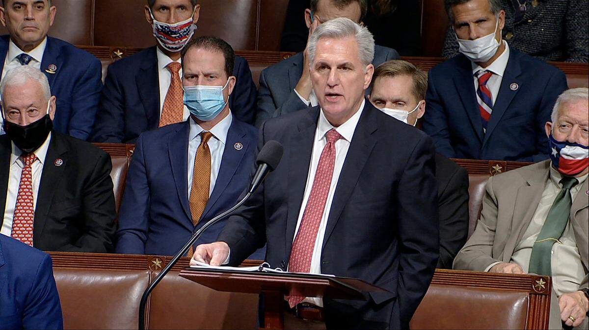 In this image from House Television, House Minority Leader Kevin McCarthy of Calif., speaks on the House floor during debate on the Democrats’ expansive social and environment bill at the U.S. Capitol on Thursday, Nov. 18, 2021, in Washington. (House Television via AP)