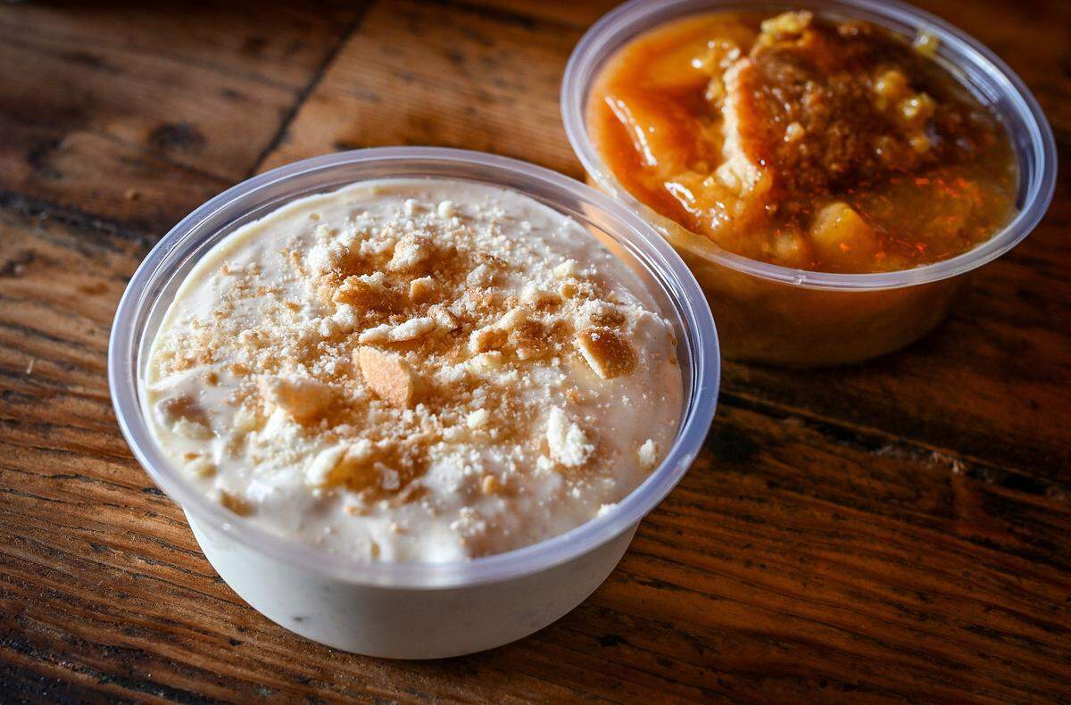 Banana pudding and peach cobbler are desserts available at Horn Barbecue which recently opened in Fresno's Granite Park shopping center.