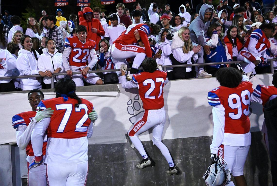 Buchanan celebrates its 37-24 win over Clovis North in a Central Section Division I quarterfinal on Thursday, Nov. 10, 2022 in Clovis.