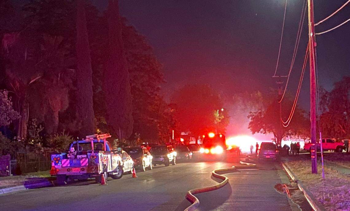 A three-alarm fire broke out Saturday night near Marks and Dakota in Central Fresno. One victim was transported from the scene on a gurney.