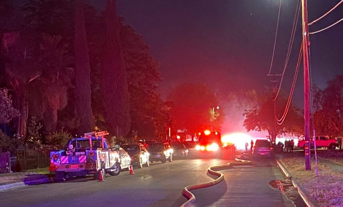 A three-alarm fire broke out Saturday night near Marks and Dakota in Central Fresno. One victim was transported from the scene on a gurney.