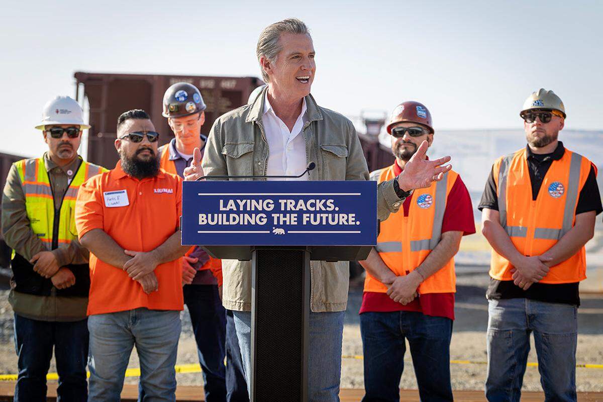 Gov. Gavin Newsom speaks at the California High-Speed Rail’s railhead facility in Kern County on Tuesday, Feb. 3, 2026.