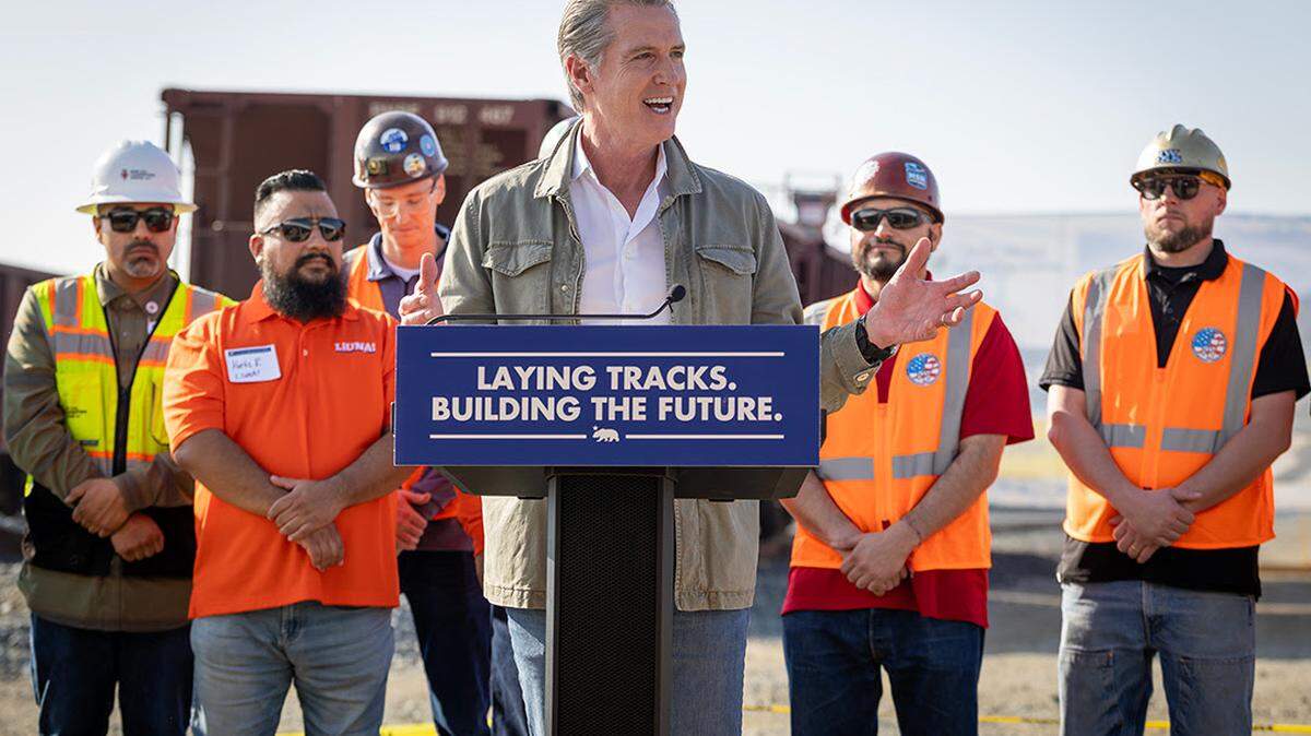 Gov. Gavin Newsom speaks at the California High-Speed Rail’s railhead facility in Kern County on Tuesday, Feb. 3, 2026.