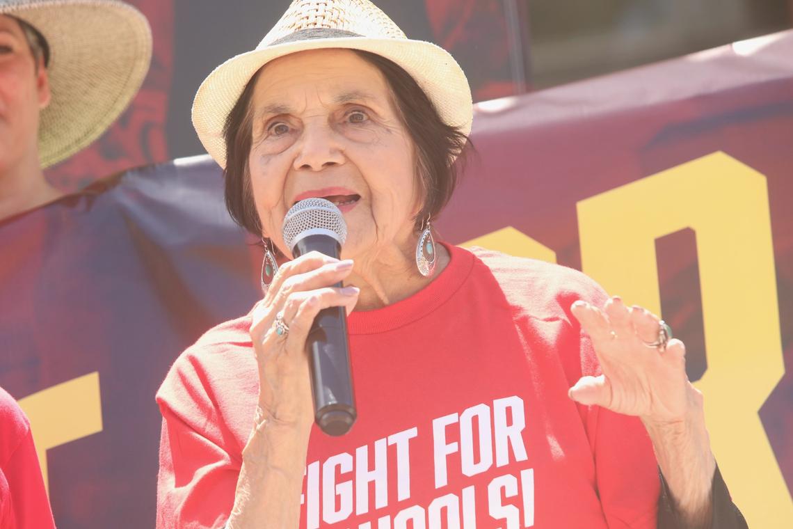 Former educator and civil right activist and labor leader Dolores Huerta joined teachers on May 17 in Hanford, CA in their fight for schools asking U.S. Rep. David Valadao to defend funding for valley schools and urge the Republican congressman to oppose federal cuts to public education.