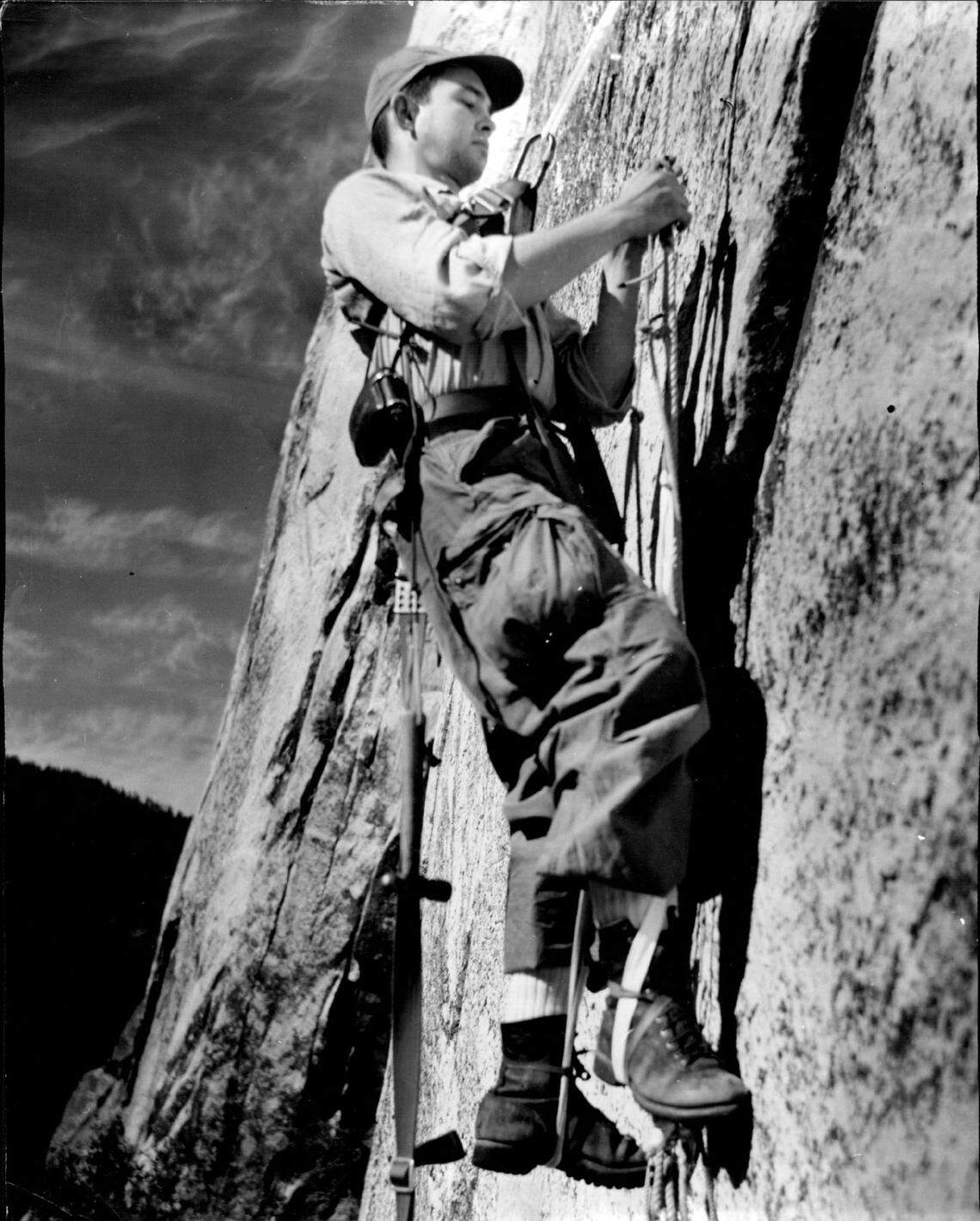 George Whitmore near the top of El Capitan in Yosemite National Park during its first ascent in 1958.