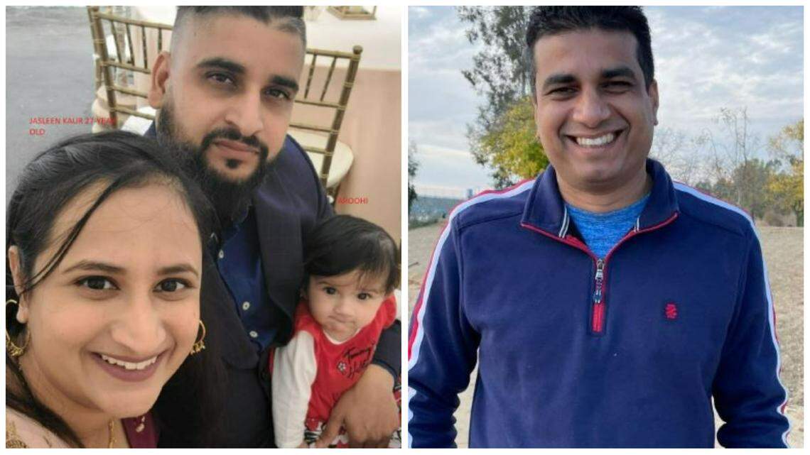 On the left, 8-month-old Aroohi Dheri is shown with her parents Jasleen Kaur, 27, and Jasdeep Singh, 36. At right is uncle Amandeep Singh, 39.