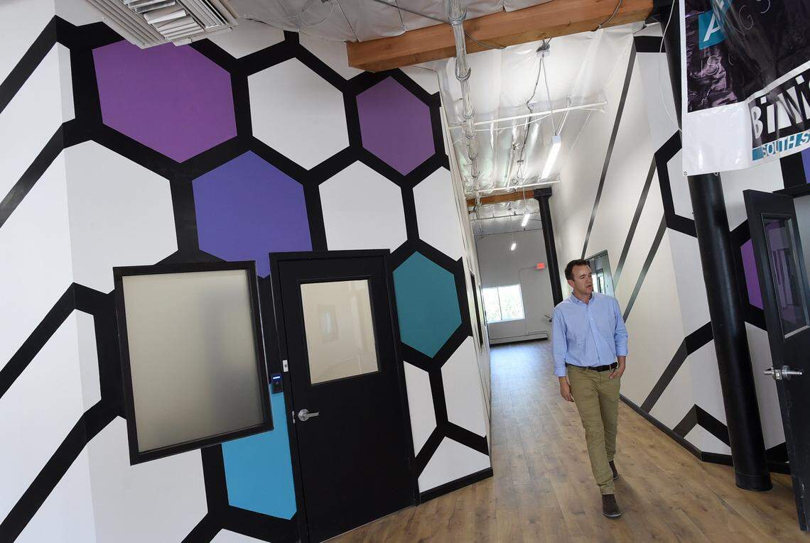 Jake Soberal, co-CEO of Fresno’s Bitwise Industries, shows upstairs office space in the Bitwise Hive building on Ventura Street in May 2018.