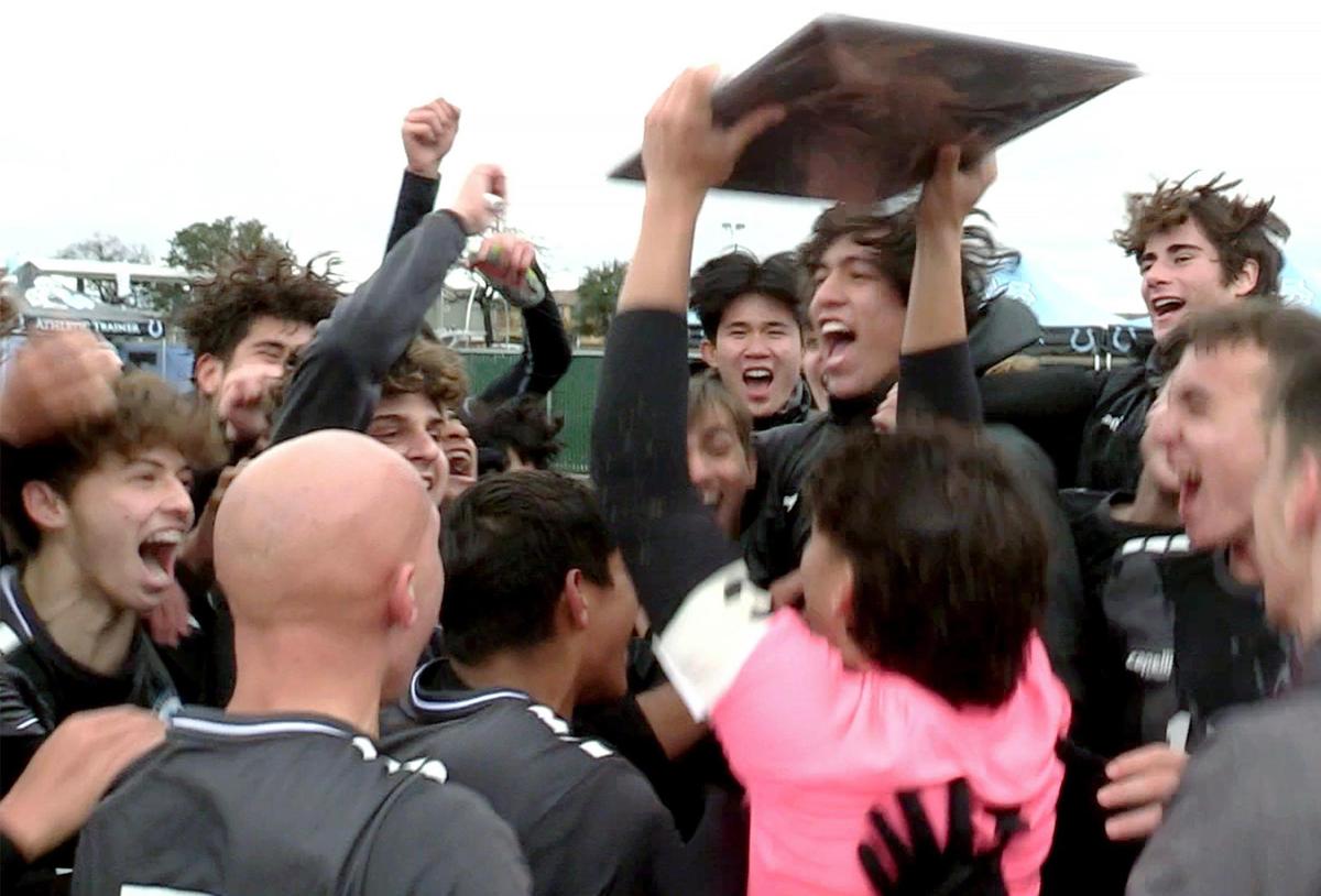 Clovis North celebrates its 3-1 win against Ridgeview in the Central Section Boys Division I soccer championship Saturday, Feb. 25, 2023 in Clovis.