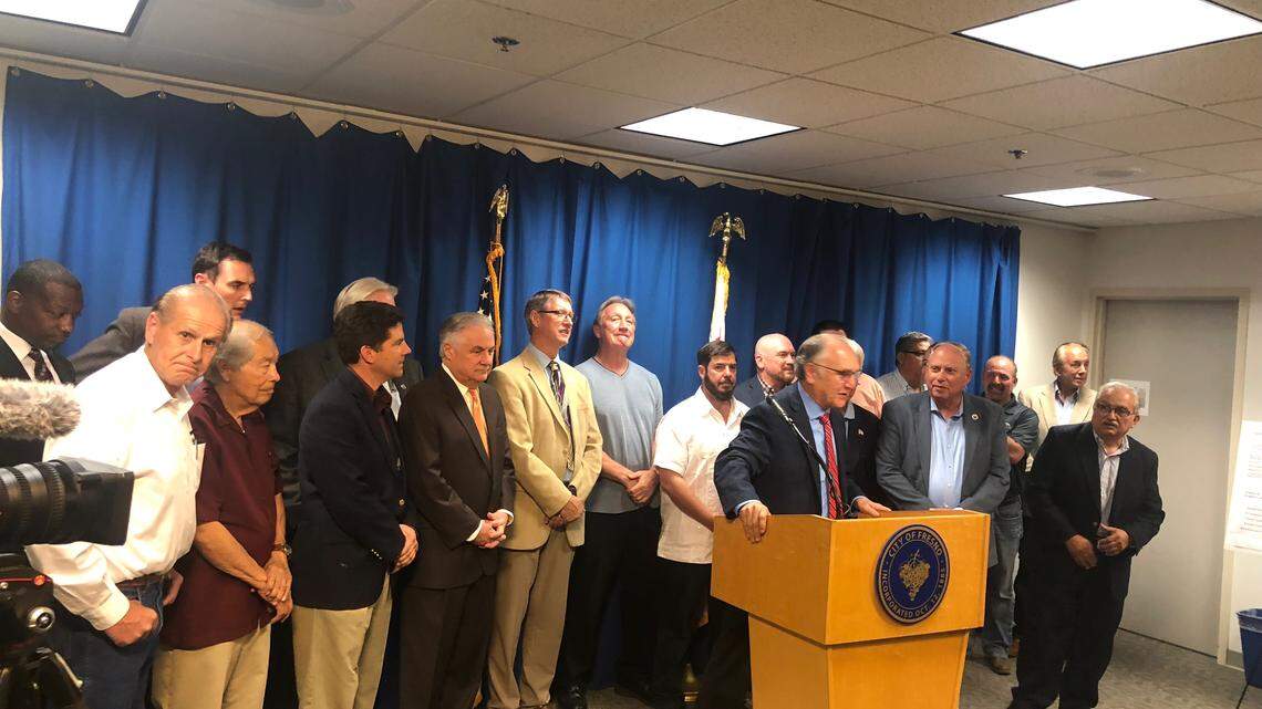 Leaders from across the central San Joaquin Valley gathered Friday, May 4, 2018 to express their anger and frustration with the California Water Commission after it voted to minimally fund the Temperance Flat reservoir project.