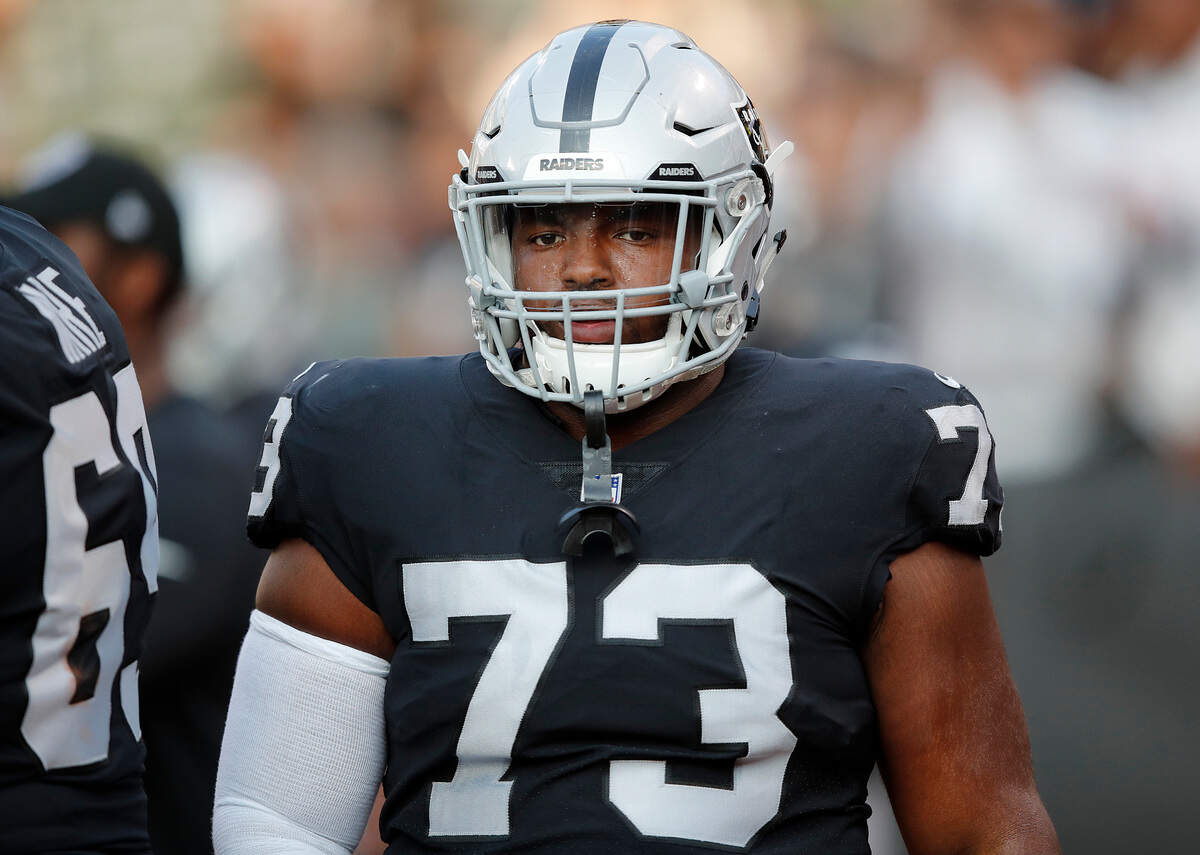 Oakland Raiders defensive tackle Maurice Hurst (73) warms up before an NFL preseason football game against the Detroit Lions in Oakland, Calif., Friday, Aug. 10, 2018.