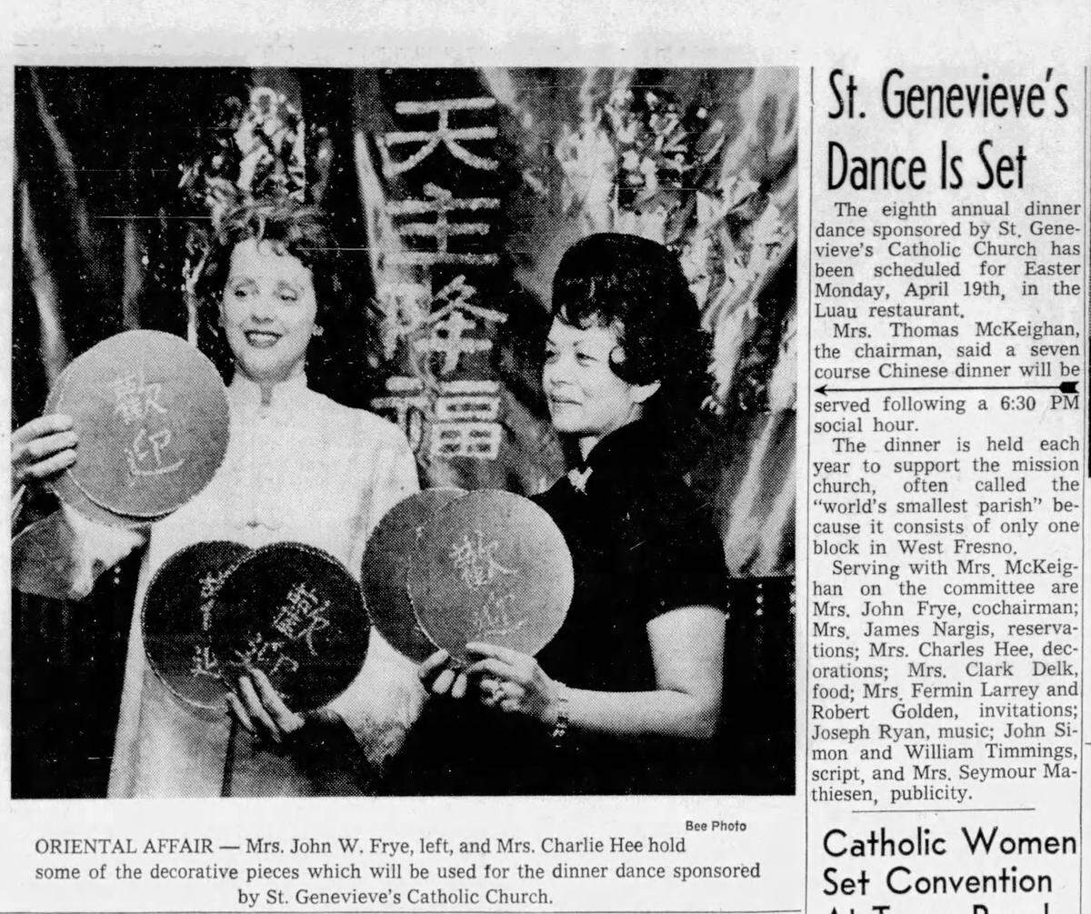 A screenshot of a story in The Fresno Bee on Saturday, Apr 10, 1965 features the eighth annual dinner dance sponsored by St. Genevieve’s Catholic Church.