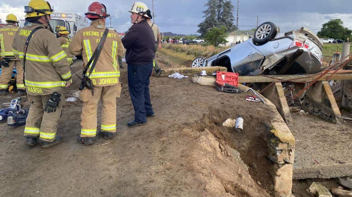 A vehicle ended up in a dry canal in Fresno County after a two-vehicle collision on Sunday, March 24, 2024.