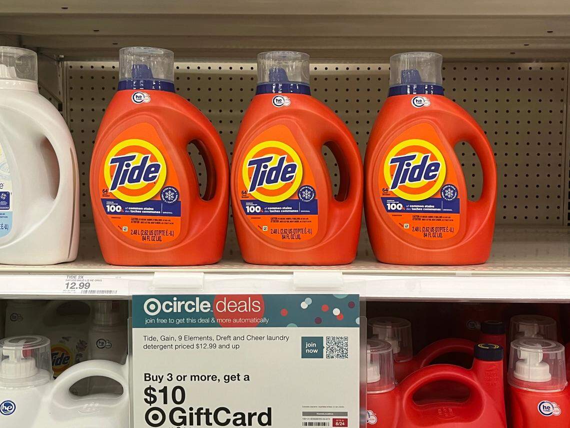 Tide laundry detergent costs $12.99 at Target in Fresno on Monday, Aug. 19, 2024.