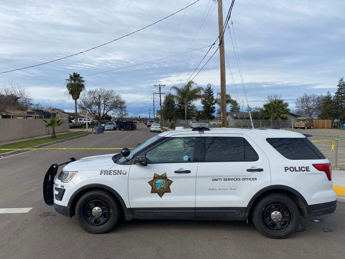 Fresno police investigate a shooting on Friday, Jan. 13, 2023, on Samson Avenue west of Martin Luther King Jr. Boulevard.