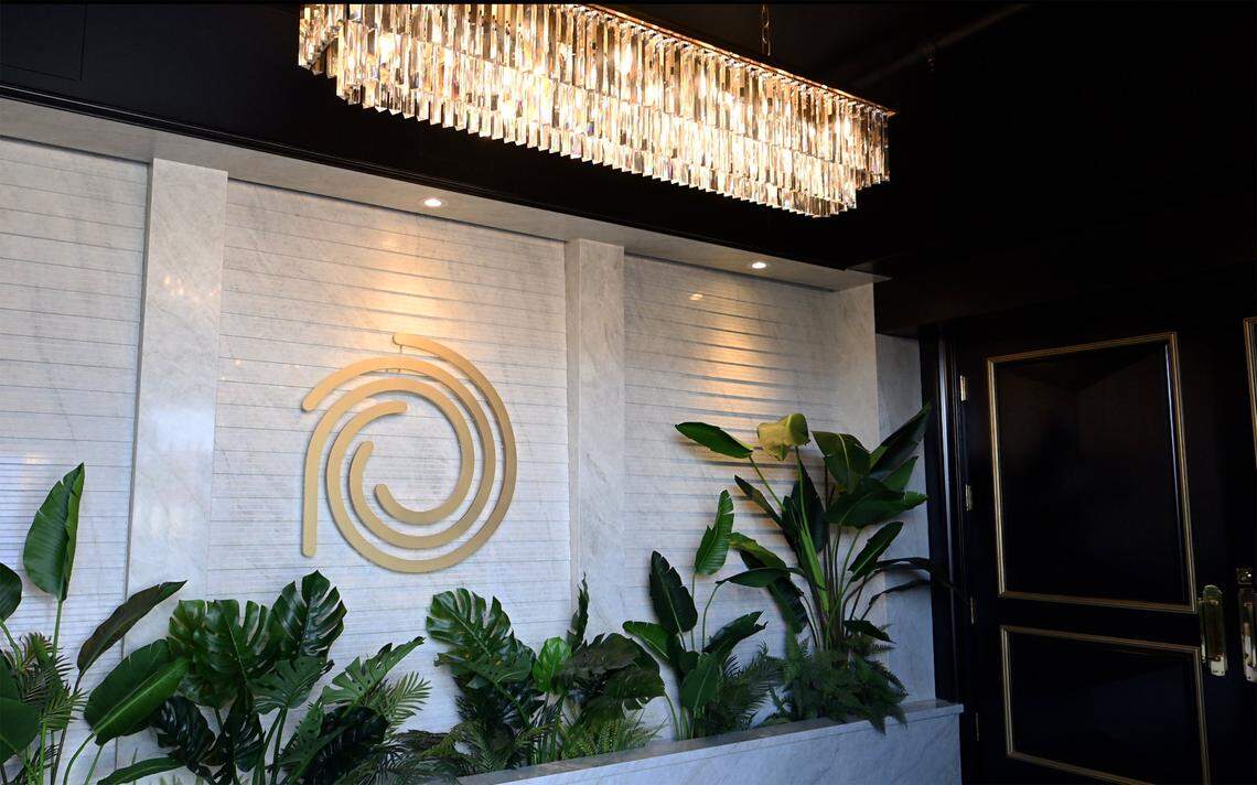 The entryway for PM Lounge was designed to offer a setting for selfies, according to Gilbert Quesada, executive director of operations. Photographed Wednesday, Feb. 18, 2026 in Fresno.