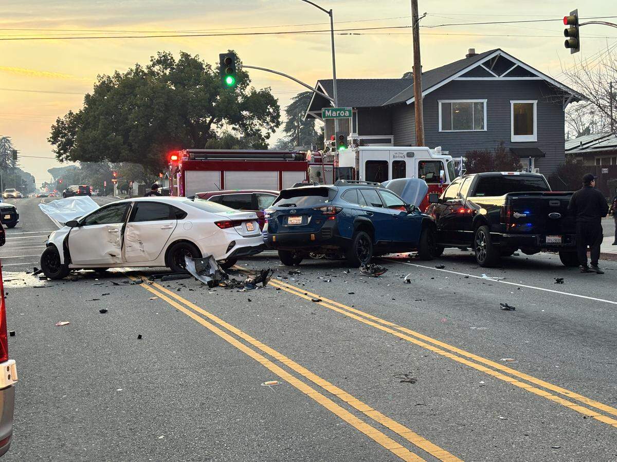 Four-vehicle crash at Clinton and Maroa avenues in Fresno, California on Sunday, Feb. 1, 2026.