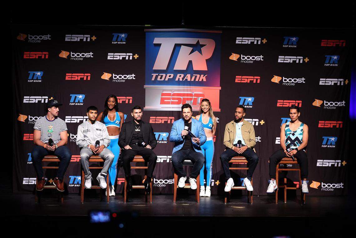 (L-R) Richard Torrez Jr, Raymond Muratalla, Arnold Barboza Jr, Mark Shunock, Danielito Zorrilla and Jair Valtierra attend the Arnold Barboza Jr vs Danielito Zorrilla press conference for the WBO Intercontinental jr. welterweight championship on July 13, 2022 in Temecula, California. 
