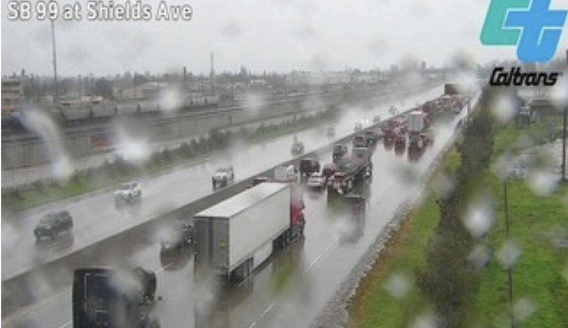 Traffic on Highway 99 near the Clinton off-ramp was backed up following a fatal collision in Fresno, California on Sunday, June 4, 2026.