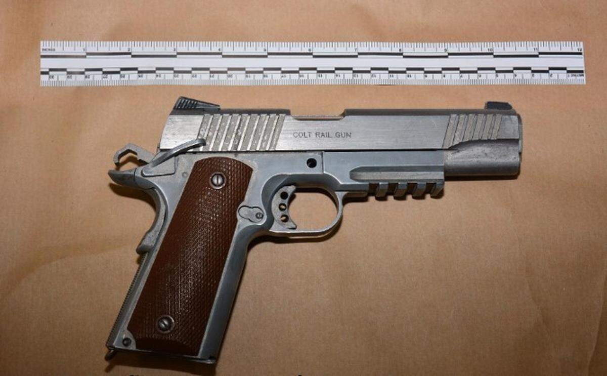 A BB gun styled to realistically resemble a Colt semiautomatic pistol was found in the vehicle of three people arrested in connection with five armed robberies in Fresno on Sunday, June 12, 2022.