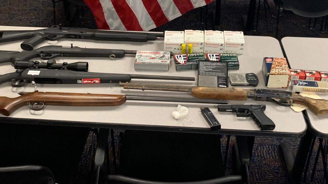 An investigation between several agencies led to the capture of six guns, ammunition, a small amount of methamphetamine and a stolen car transmission throughout different homes Friday in Kingsburg, according to a Fresno County Sheriff’s news release.