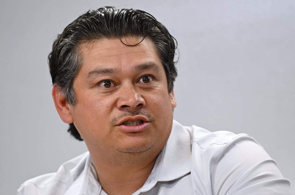 Dictrict 1 candidate Joe Hinojosa, seen during a Fresno City Council forum held by The Fresno Bee Friday, April 17, 2026 in downtown Fresno