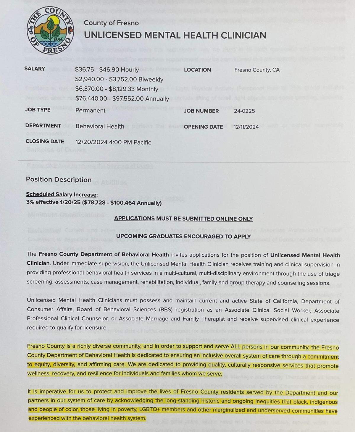 Copy of job posting for Fresno County unlicensed mental health clinician that highlights language in question by Super Garry Bredefeld.