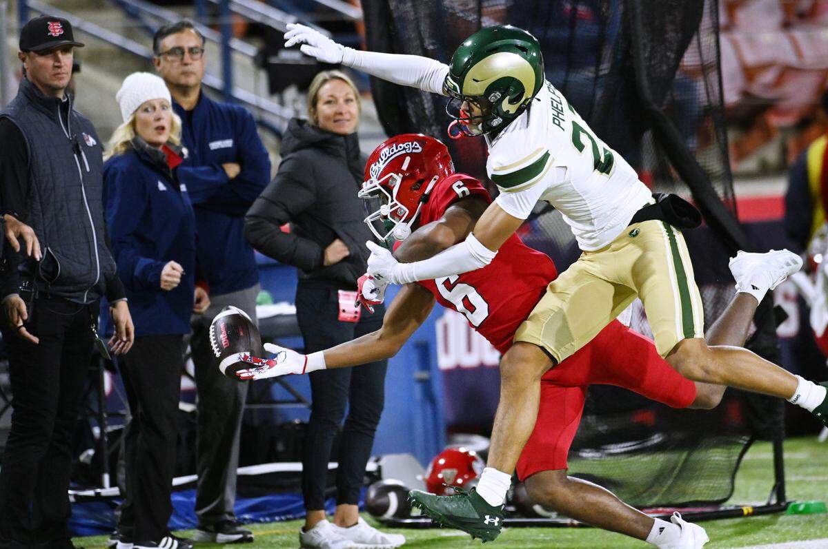 Fresno State wide receiver Tim Grear Jr., left, cannot connect with a pass while covered by Colorado State’s Dylan Phelps, right, Saturday, Nov. 23, 2024 in Fresno.
