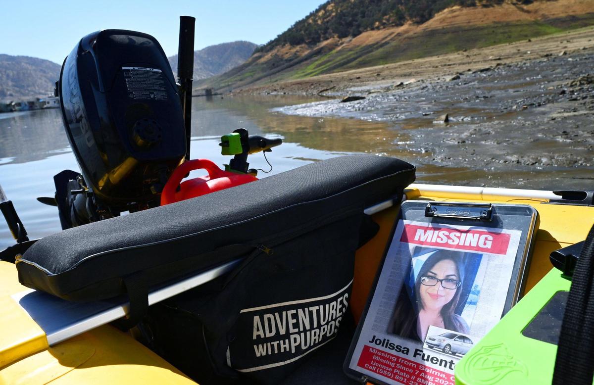 A missing persons flyer is seen in one of two inflatable watercraft being used by search teams with Adventures with Purpose as they begin their search for Jolissa Fuentes of Selma at Pine Flat Lake’s Deer Creek marina Friday morning, Aug. 26, 2022 in Fresno. The team searched Avocado Lake on Thursday.
