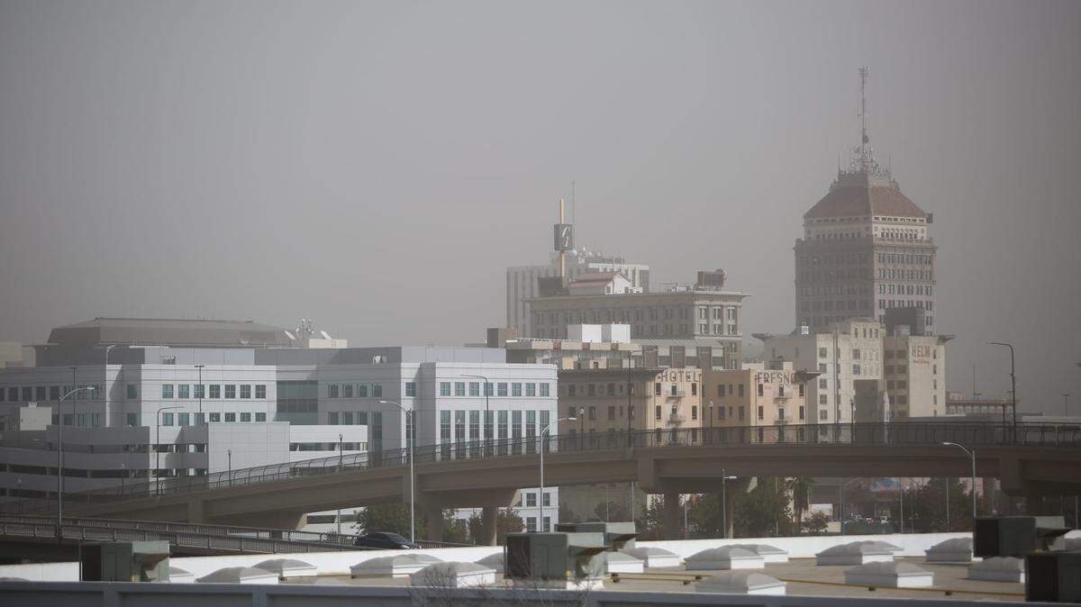 Downtown Fresno as it appeared one day in late September. Smoke from the Creek Fire put the area under a pall. The Valley Air District declared air quality in the central San Joaquin Valley had never been worse, and urged residents to stay indoors.