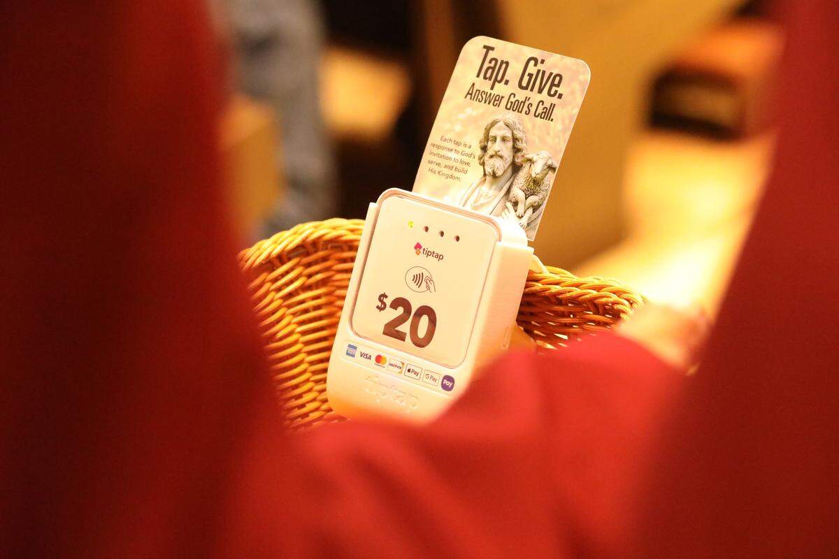 The collection baskets at two&nbsp;Central Valley-area Catholic churches have gone high-tech, with credit card readers strapped to the sides as the straw woven baskets are passed down rows of pews so parishioners can&nbsp;tap&nbsp;in $20 or $40 donation increments&nbsp;during mass.