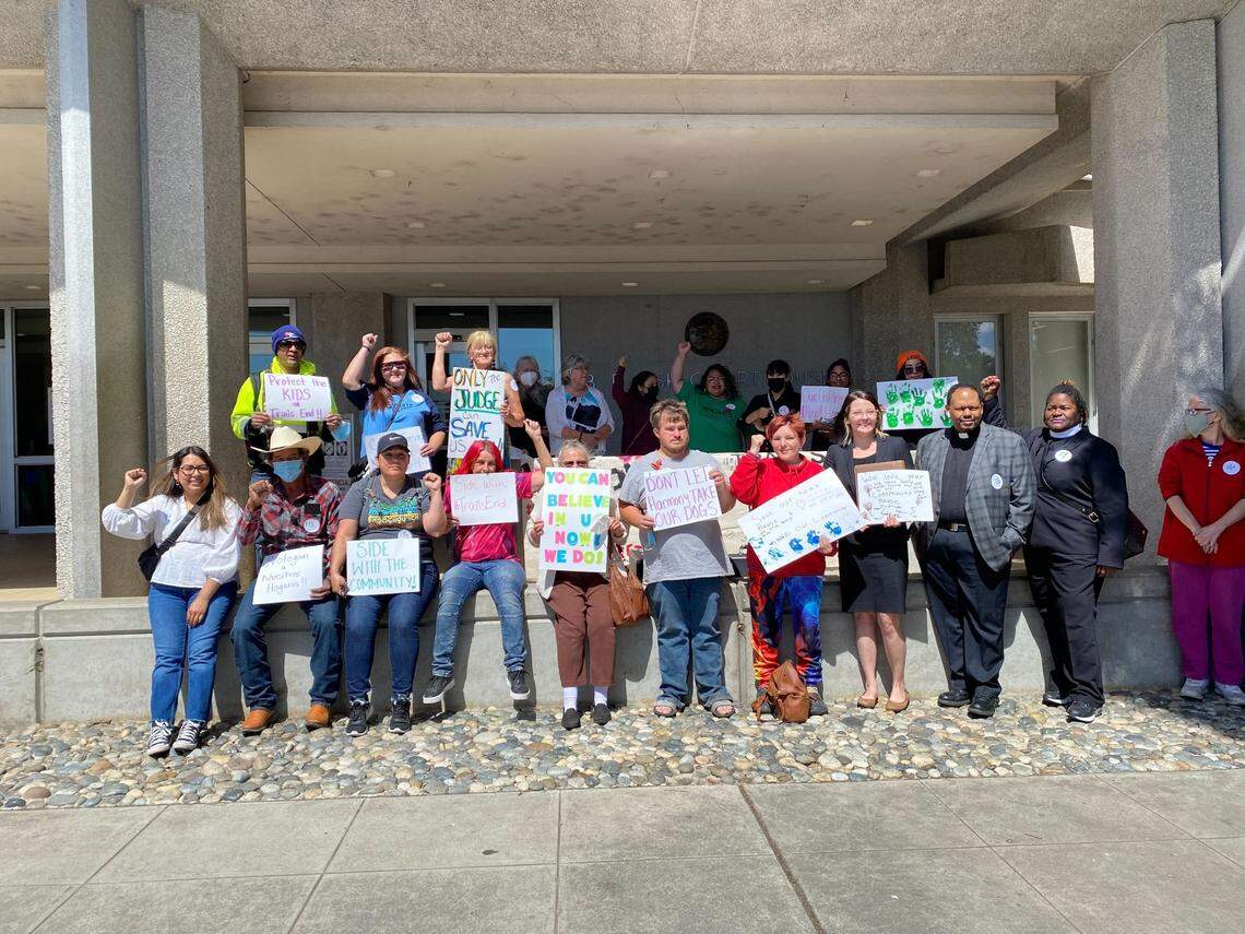 Trails End residents and community supporters rallied in front of the courthouse to oppose the sale of the park to Harmony Communities, less than an hour before the sale was approved by a judge.
