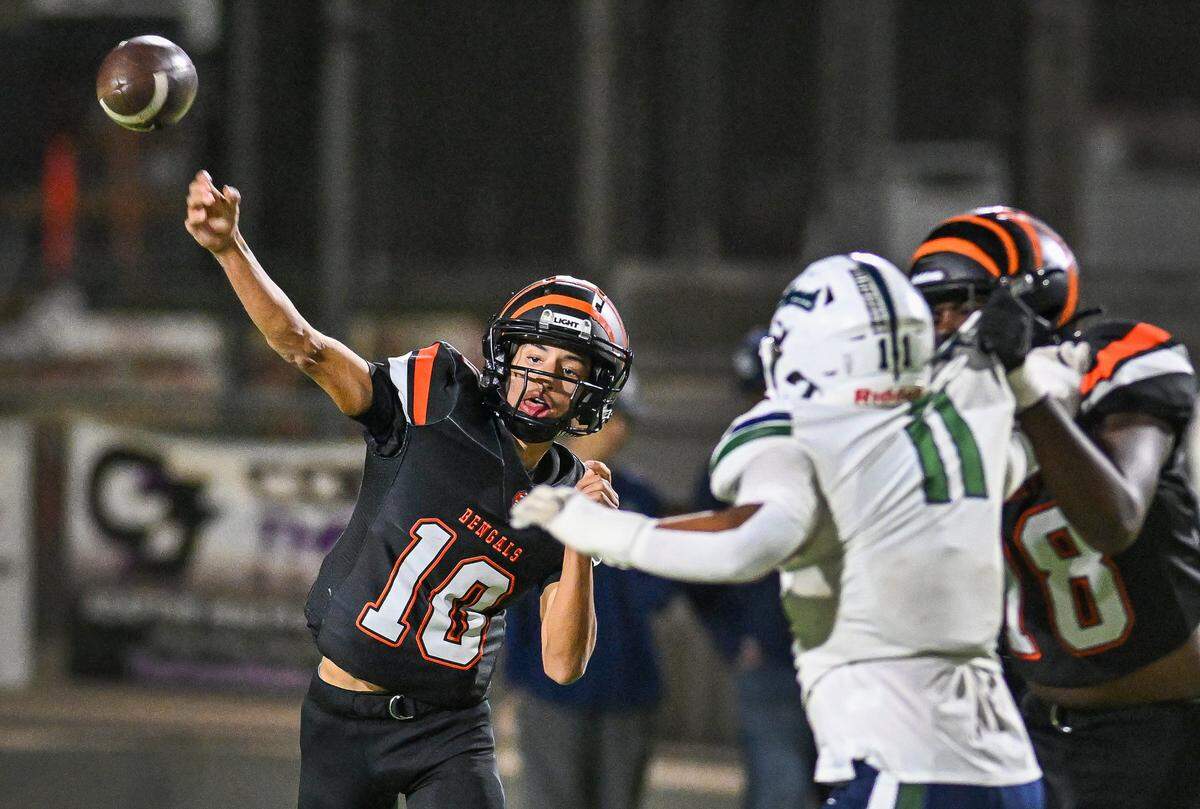 Central East quarterback Jelani Dippel throws downfield while getting protection from his offensive line against Clovis East during their playoff game at Deran Koligian Stadium in Fresno on Friday, Nov. 7, 2025.