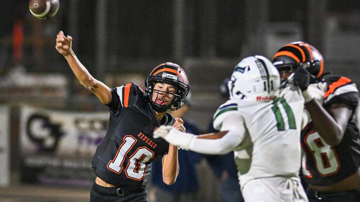 Central East quarterback Jelani Dippel throws downfield while getting protection from his offensive line against Clovis East during their playoff game at Deran Koligian Stadium in Fresno on Friday, Nov. 7, 2025.