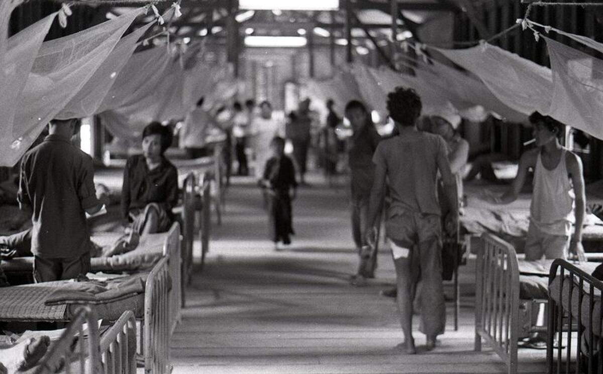 Titled, “Hospital Patients,” Galen Beery captured one of the main patient halls of the Ban Xon hospital in Laos, in 1971.
