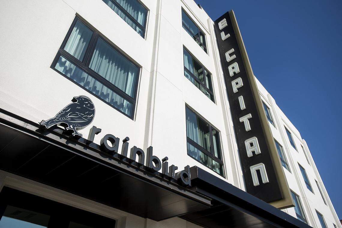 A sign hangs above an entrance to the Rainbird restaurant located inside the El Capitan Hotel, 609 W. Main St. in Merced, in 2022. Conde Nast Traveler readers voted the hotel one of the top 20 hotels in Northern California.