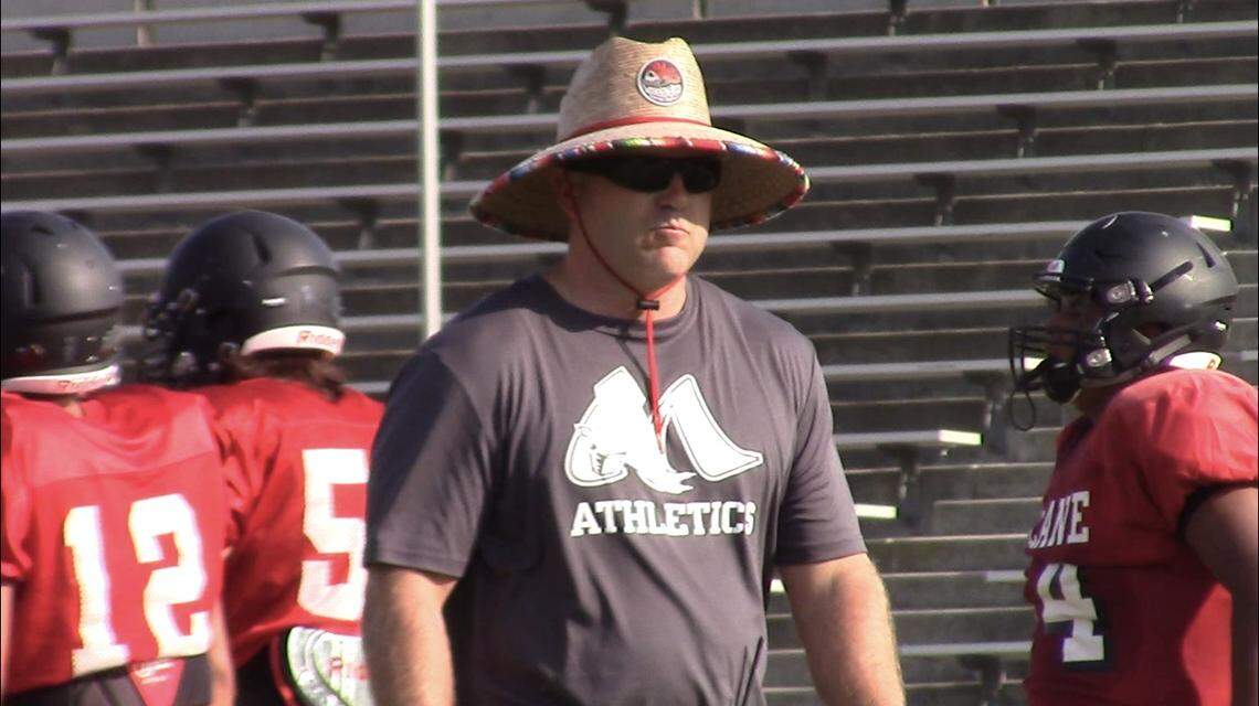 McLane coach JD Burnett instructs his team during practice on Tuesday, Sept. 4, 2018.  The Highlanders are off to a 2-0 start and will host Exeter on Friday.