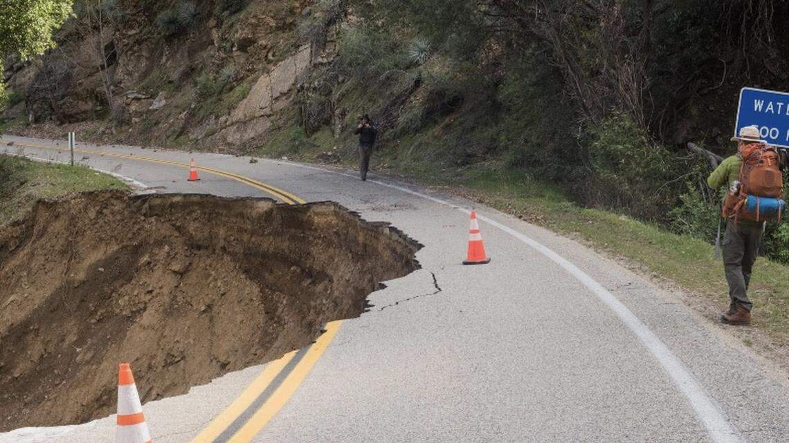 Flood damage from the winter/spring of 2023 is shown along a section of Highway 180 in the Kings River canyon. The road will remain closed beyond Hume Lake throughout the summer, cutting off access to the Cedar Grove area of Kings Canyon National Park.