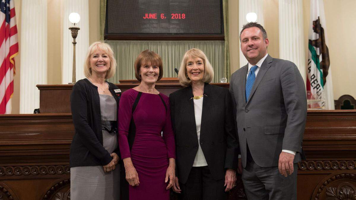 CASA of Merced County Executive Director Cathie Lancaster, former board president Bette Woolstenhulme and Founding President Nancy Young-Berman are shown with Assemblymember Adam Gray during California Nonprofit day in 2018.