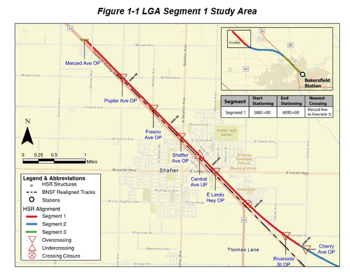 An image from a California High-Speed Rail Authority report shows what the overpasses and underpasses the agency prefers to build in Shafter instead of using elevated tracks.