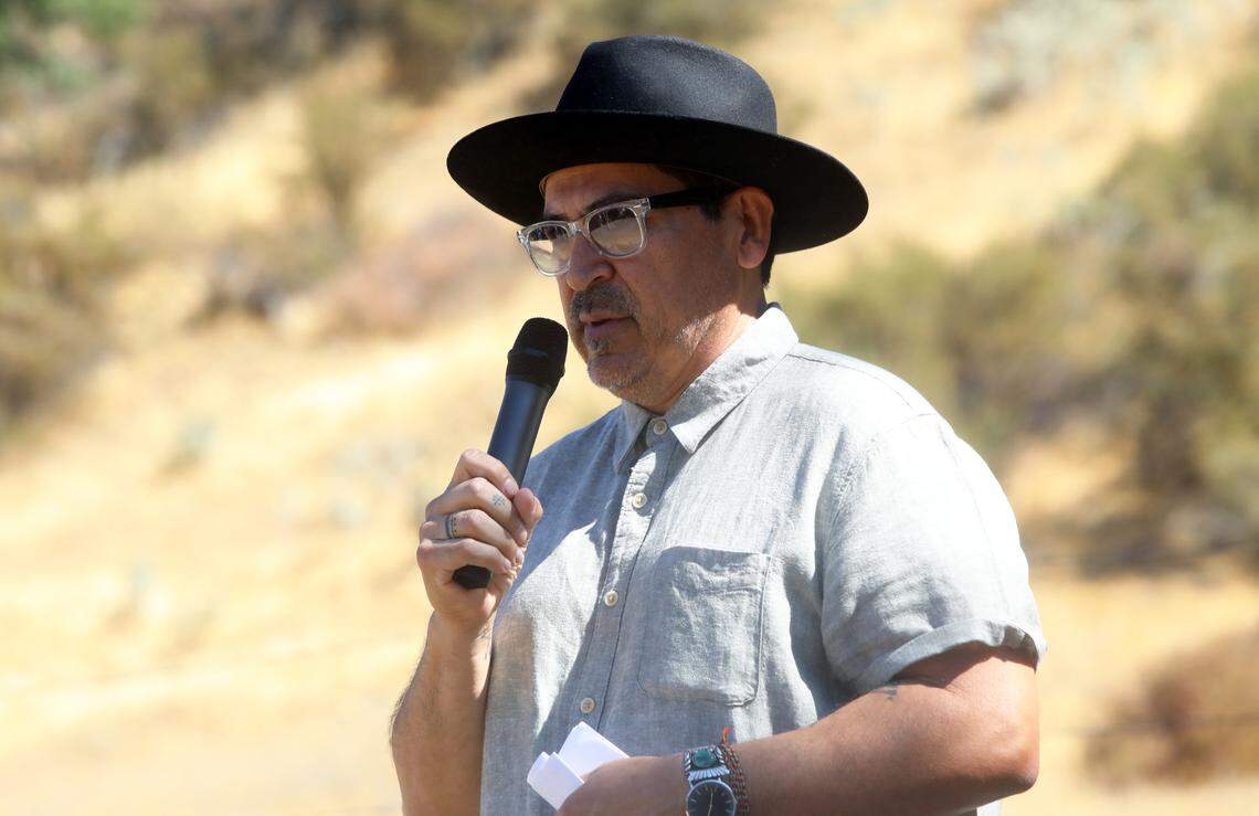 Author Tim Z. Hernández speaks during Sept. 28, 2024 ceremony unveiling a memorial marker with the names of the 32 people who died in a 1948 airplane crash at Los Gatos Canyon.