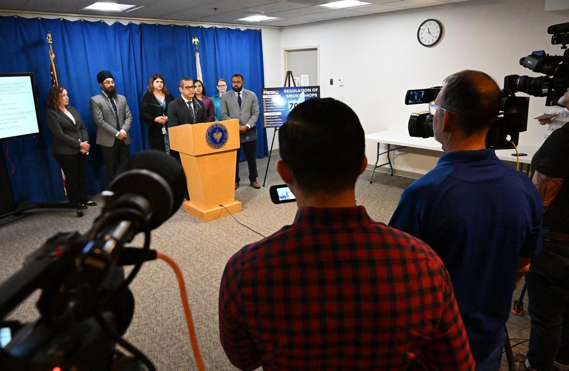 Fresno City Councilmembers announce a proposed ordinance that would tighten regulations around smoke shop businesses during a press conference Tuesday, Oct. 17, 2023 in Fresno.