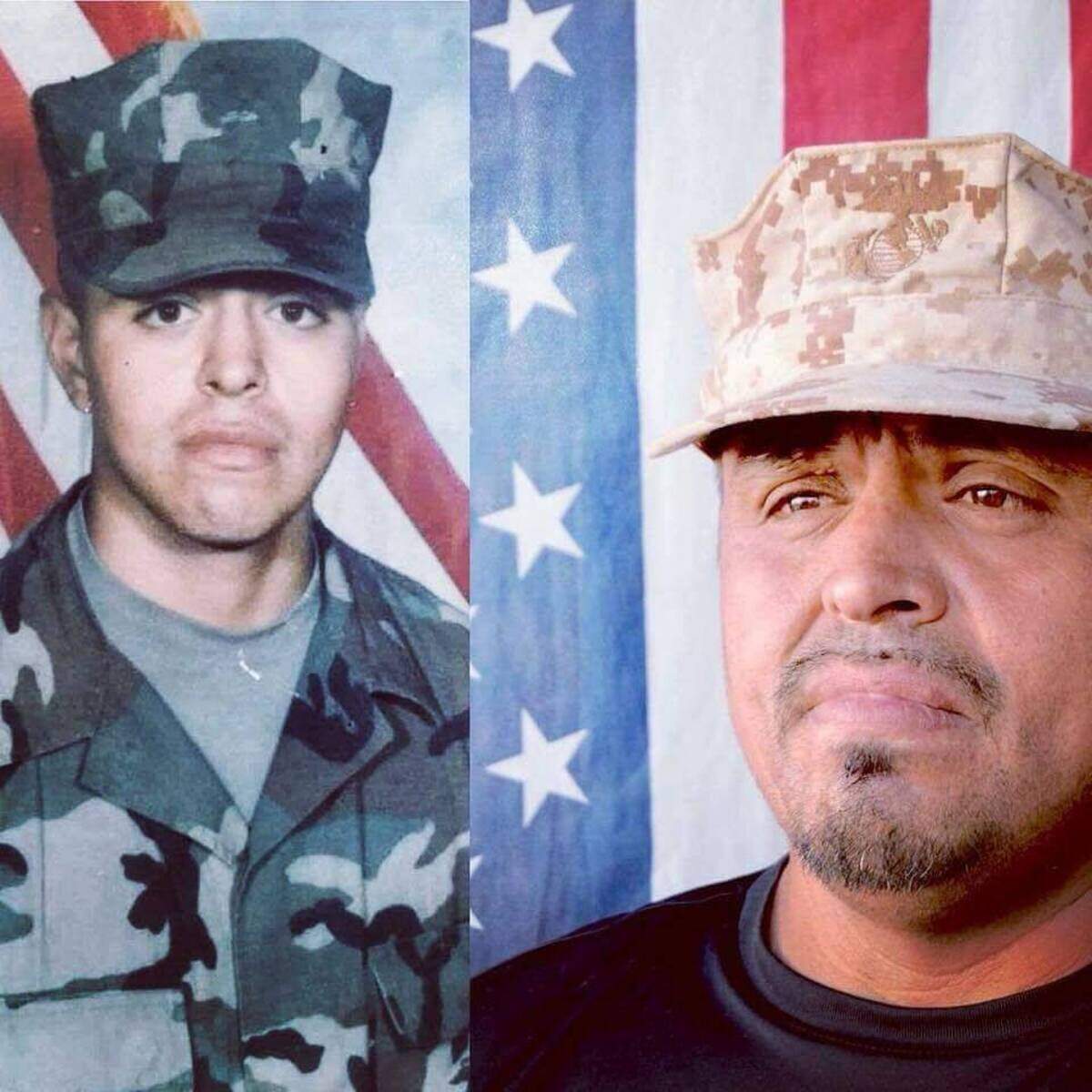 Enrique Salas pictured as a young Marine and later in life.