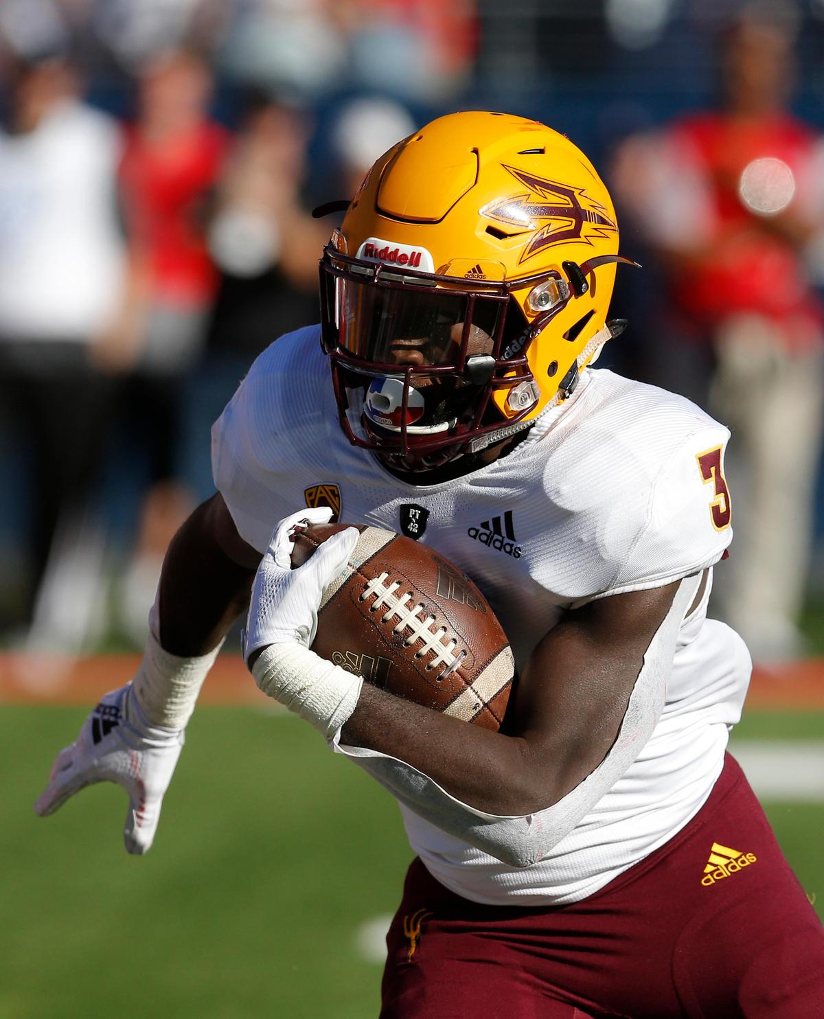 Arizona State running back Eno Benjamin (3) is leading the Pac-12 Conference in rushing, rushing touchdowns and rushing attempts per game. The Sun Devils play the Fresno State Bulldogs in the Las Vegas Bowl Saturday, Dec. 15, 2018.