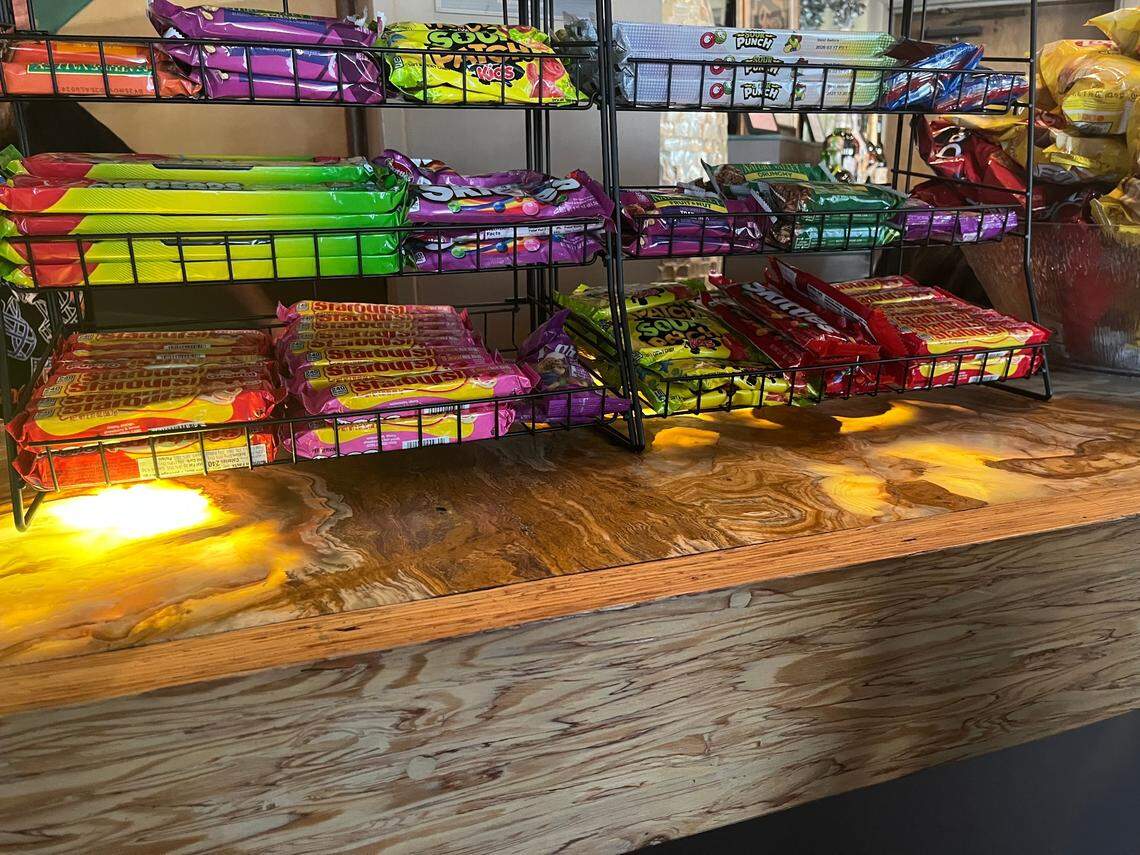 Variety of candy at the snack bar in Tower Theatre each priced at $4