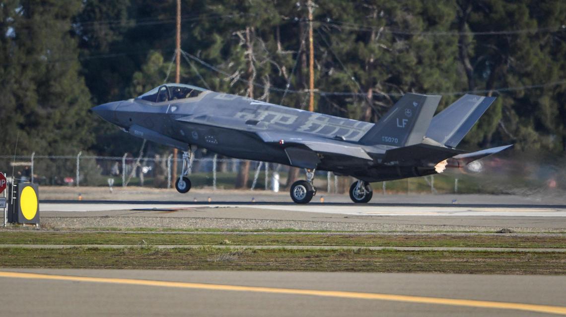An F-16 from Luke Air Force Base, Arizona, takes off from Fresno Yosemite International Airport during the Valley Thunder training exercises hosted by Fresno’s 144th Fighter Wing of the Air National Guard on Wednesday, Jan. 3, 2021.