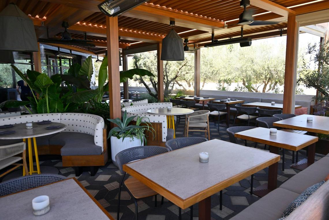 The patio area at Saizon, part of The Row, a new development at the northwest corner of Willow and Shepherd avenues. Photographed Wednesday, July 12, 2023 in Fresno.
