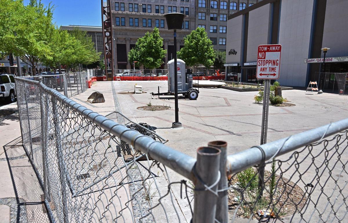 Fencing blocks off the plaza from access at Mariposa and Fulton streets Thursday, June 20, 2024 in downtown Fresno.