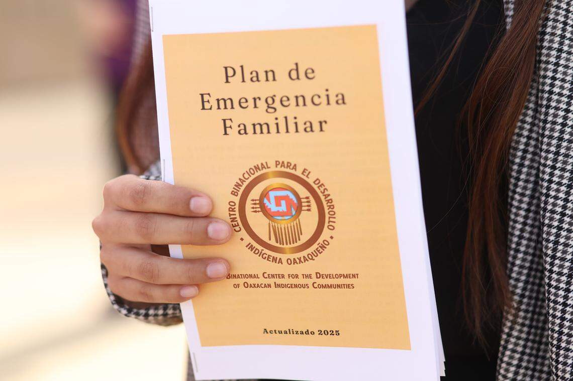 The May 1st Coalition, a broad coalition of community-based organizations and residents, urges the immigrant community to protect themselves against immigration crackdown during a press conference outside of the Robert E. Coyle United States Courthouse, in downtown Fresno on Oct. 1, 2025.